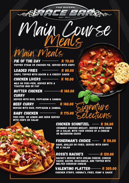 Main Course Meal Menu Rossis Sportsbar